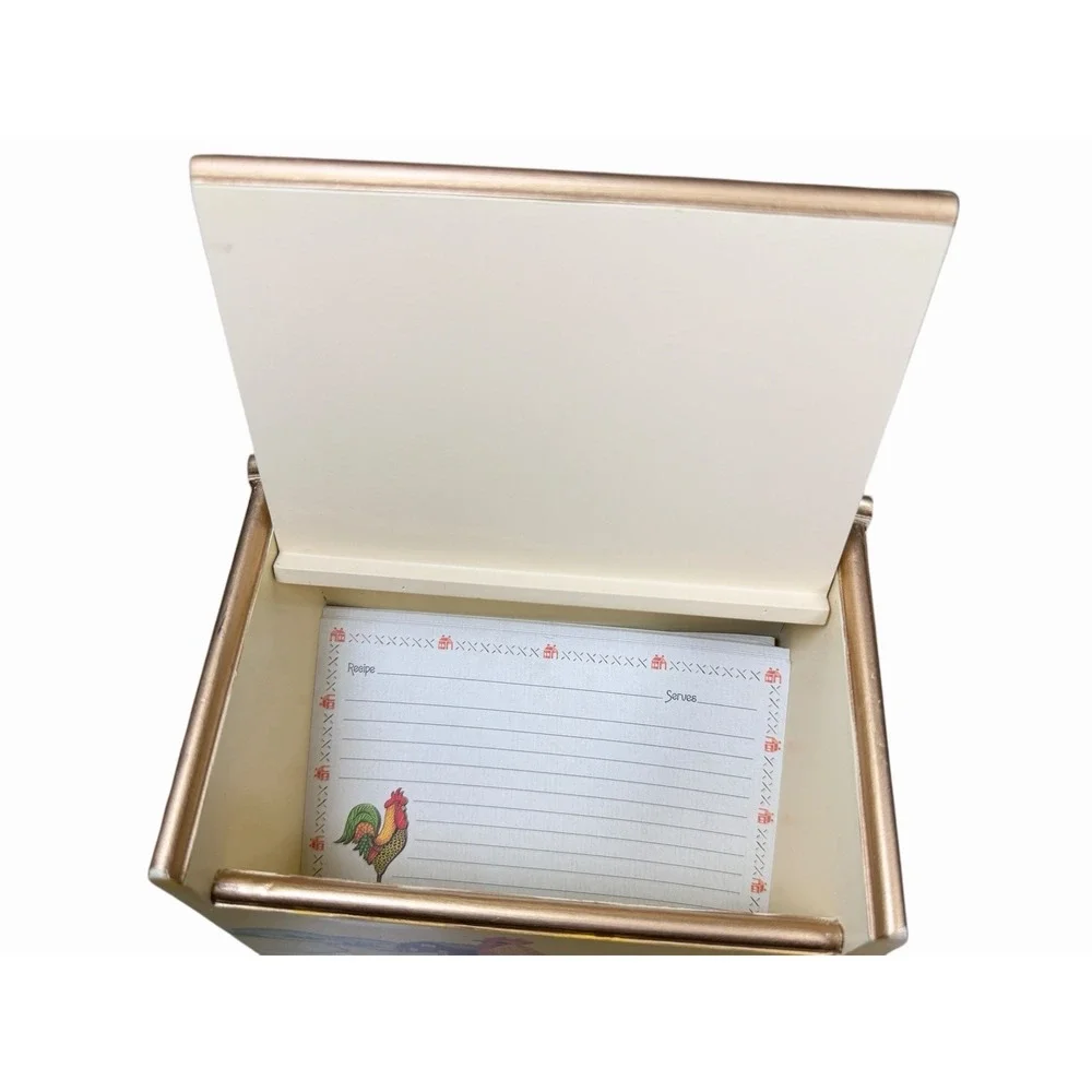 Vintage Rooster Recipe Box w Recipe Cards & Coasters Farmhouse Kitchen Decor Set